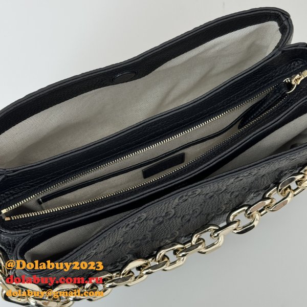 Gucci Designer Copy GG Emblem Small Shoulder Chain 815263 Black Bag